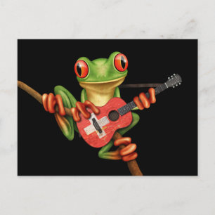 Tree Frog Playing Swiss Flag Guitar Black Postcard