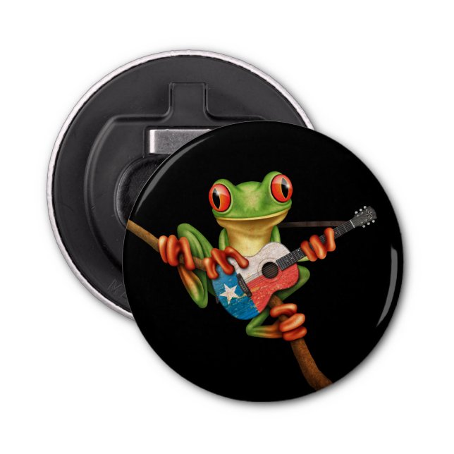 Tree Frog Playing Texas Flag Guitar Black Bottle Opener (Front)