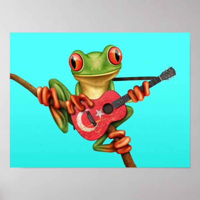 Tree Frog Playing Turkish Flag Guitar Blue Poster (Front)