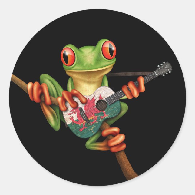 Tree Frog Playing Welsh Flag Guitar Black Classic Round Sticker (Front)