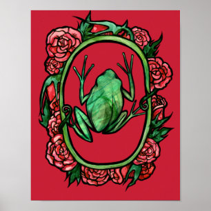 Tree Frog Roses cute red rose froggy art frogs Poster