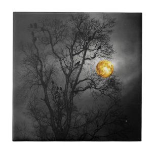 Tree full of ravens with a full moon. ceramic tile
