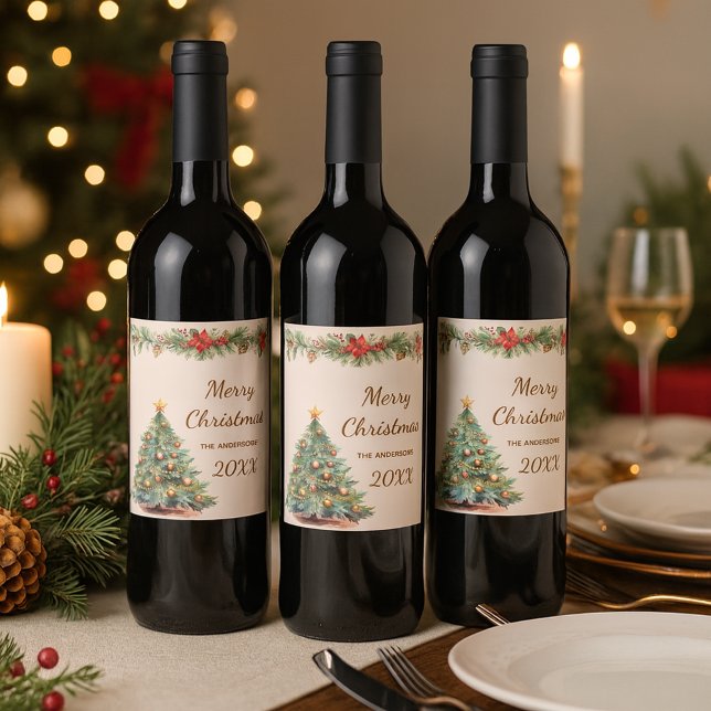 Tree garland red florals cream Christmas Party Wine Label (Creator Uploaded)
