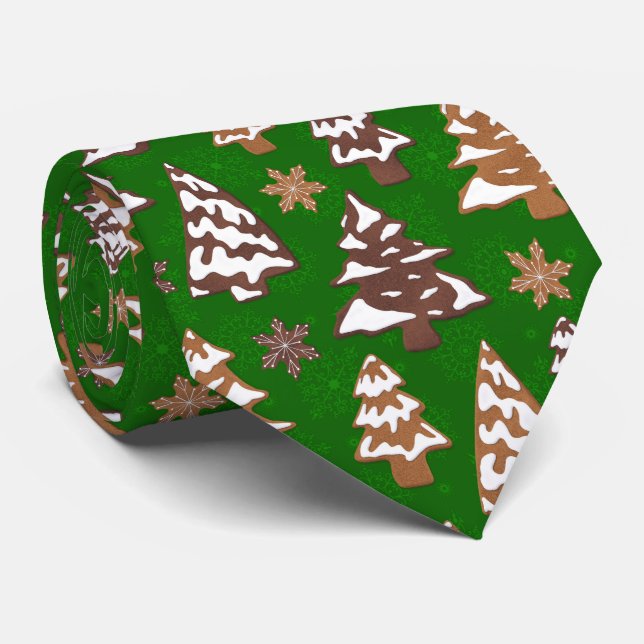Tree Gingerbread Cookies Green Christmas Tie (Rolled)