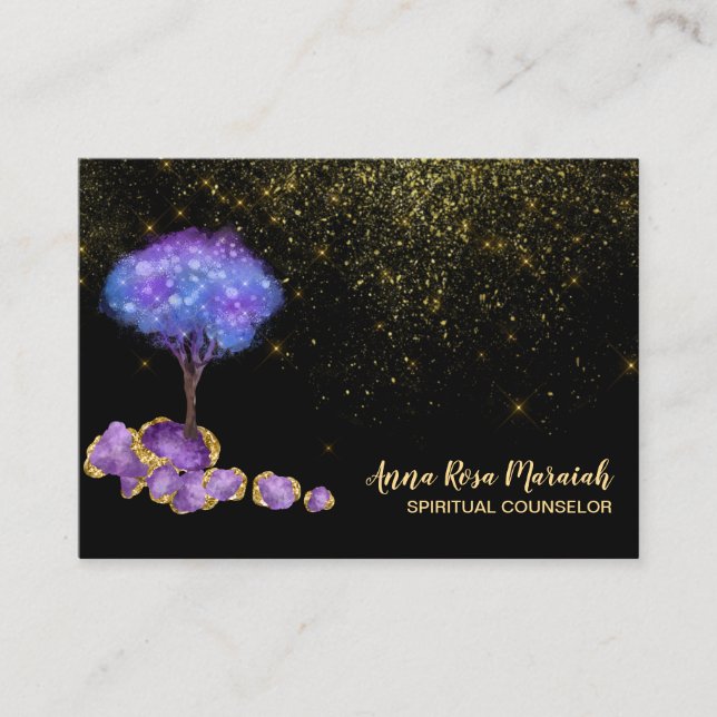 *~* Tree Gold Glitter Amethyst Jewels Magical Business Card (Front)