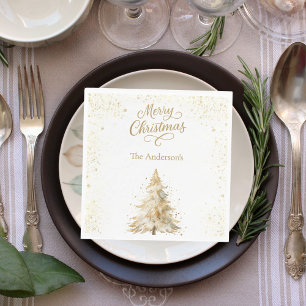 Tree gold white snow script Christmas luncheon Napkin