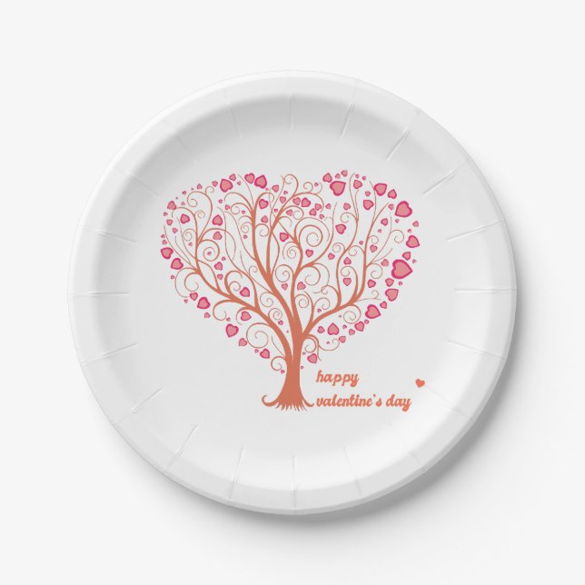 Tree Heart Happy Valentine Day Paper Plate (Front)