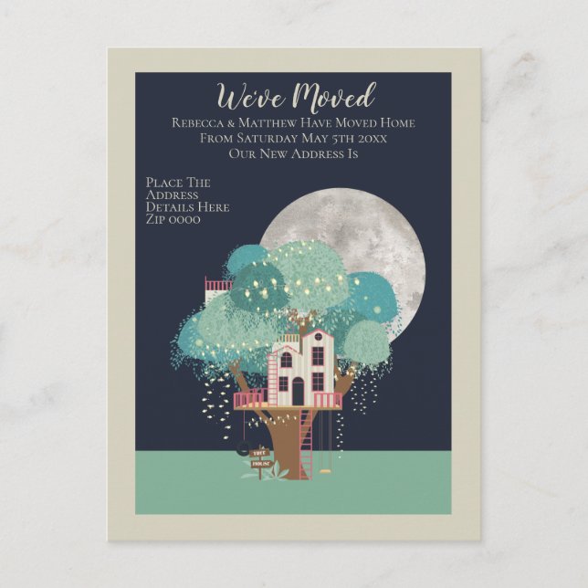 Tree House And Moon We Have Moved Home Announcement Postcard (Front)