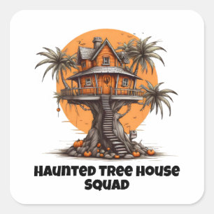 Tree house and pumpkins square sticker
