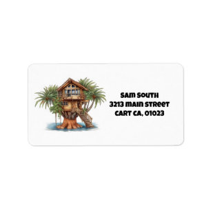 Tree house in palm tree label