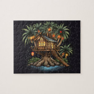 Tree house in sago palm tree with lights jigsaw puzzle