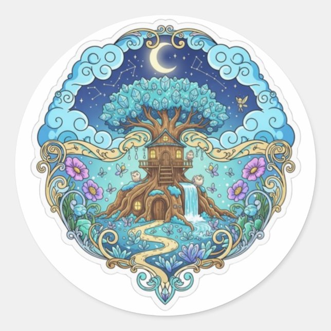 Tree House Under Moon Fantasy magical illustration Classic Round Sticker (Front)
