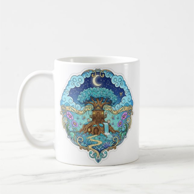 Tree House Under Moon Fantasy magical illustration Coffee Mug (Left)