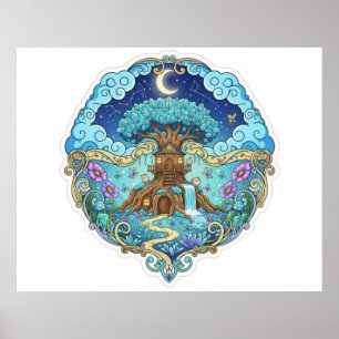 Tree House Under Moon Fantasy magical illustration Poster