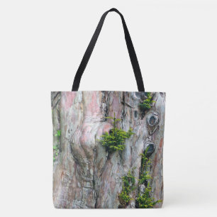 TREE-HUGGERS DELIGHT/TREE TRUNK WITH MOSS AND KNOT TOTE BAG