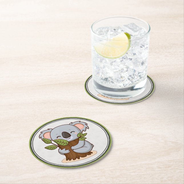 Tree-hugging koala bear round paper coaster (Insitu)