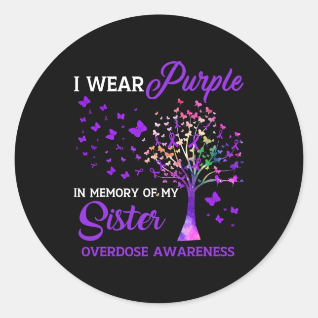 Tree I Wear Purple Memory Of Sister Overdose Aware Classic Round Sticker (Front)