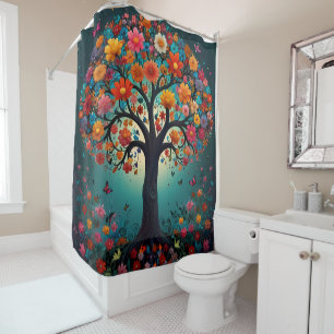 Tree in Bloom, coloured Flowers & butterflies Shower Curtain