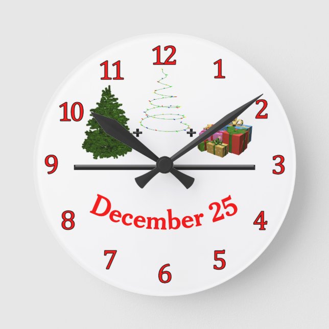 Tree + Lights + Gifts = December 25 Round Clock (Front)