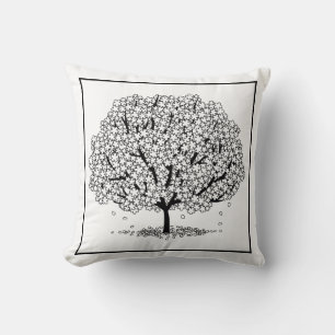 Tree Line Drawing Black and White Modern Cushion