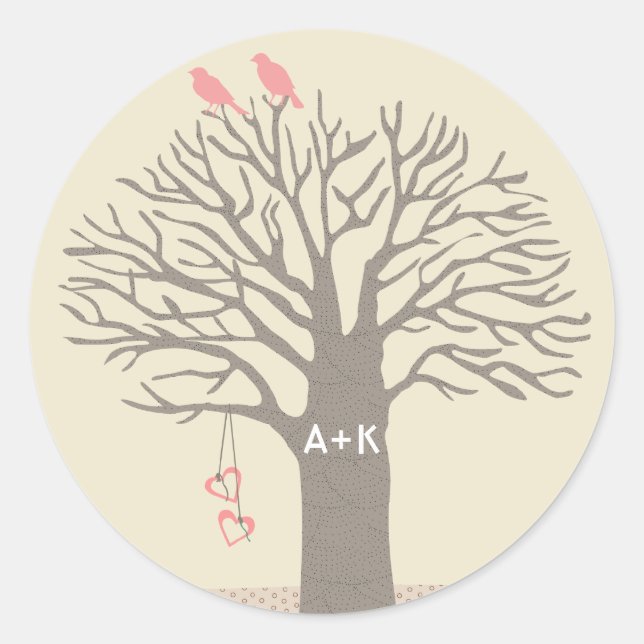 Tree Love Birds Love Initials Custom Sticker Round (Front)