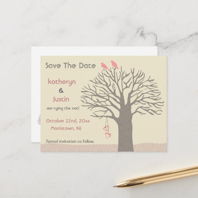 Tree Love Birds Save The Date Postcard (Front/Back In Situ)