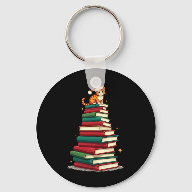 Tree Love Reading Books Cat Librarian Funny Christ Key Ring (Front)