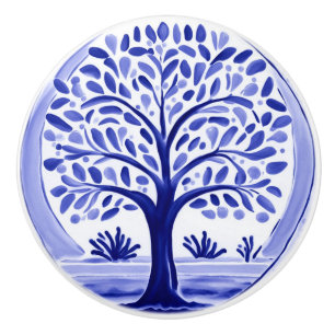 Tree Mediterranean Rustic Blue and White Folk Art Ceramic Knob