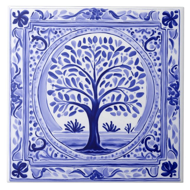 Tree Mediterranean Rustic Blue and White Folk Art Ceramic Tile (Front)