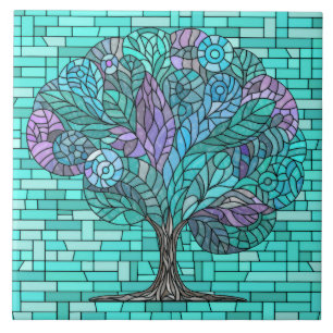 Tree Mosaic Art -Turquoise and Purple Ceramic Tile
