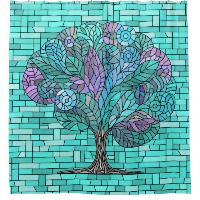 Tree Mosaic Art -Turquoise and Purple Shower Curtain (Front)
