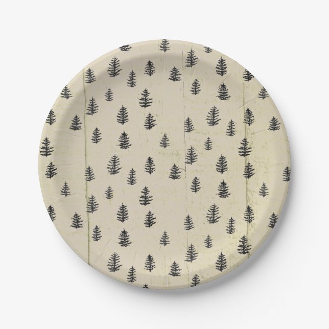 Tree Mountain Illustration Pattern Rustic Paper Plate (Front)