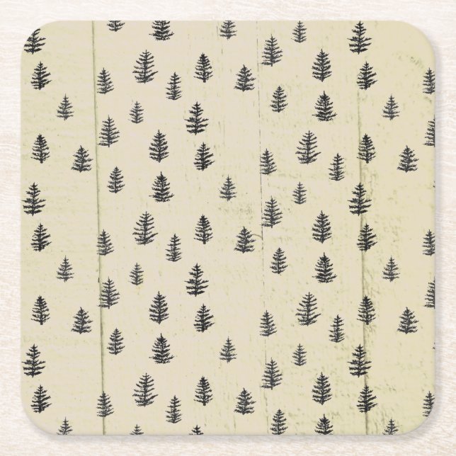 Tree Mountain Illustration Pattern Rustic Square Paper Coaster (Front)