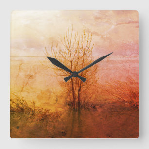 Tree Nature Rustic Worn Weathered Square Wall Clock