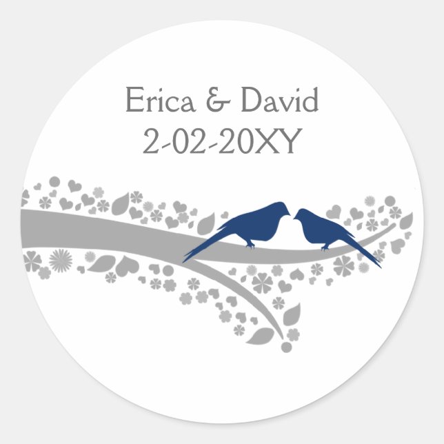 tree navy blue lovebirds wedding favour stickers (Front)