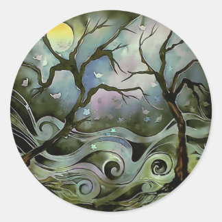 tree night scene full moon silk art painting classic round sticker