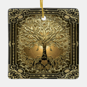 Tree of Gold Inner Light with Heart Roots Ceramic Ornament