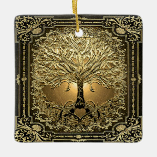 Tree of Gold Inner Light with Heart Roots Ceramic Ornament