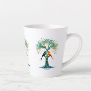 Tree of Harmony– Vibrant Two Birds Abstract Nature Latte Mug