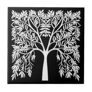 Tree of Life #1 White on Black Ceramic Tile