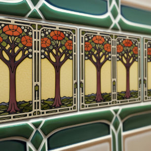 Tree of Life Abstract Yellow Orange Mid-Century Ceramic Tile