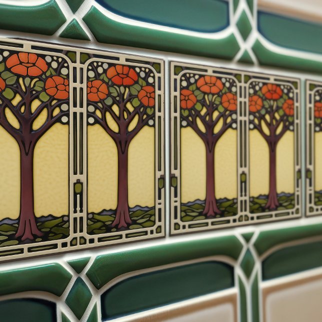 Tree of Life Abstract Yellow Orange Mid-Century Ceramic Tile (Creator Uploaded)