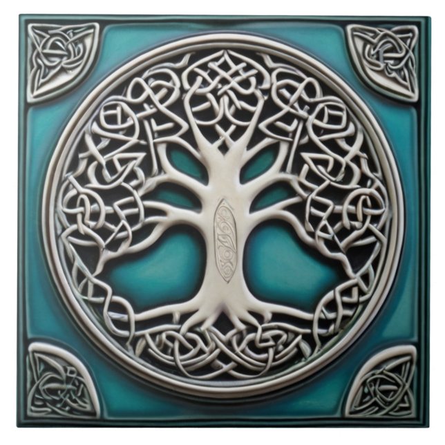 Tree of Life Aqua Turquoise Faux Relief Celtic Ceramic Tile (Front)