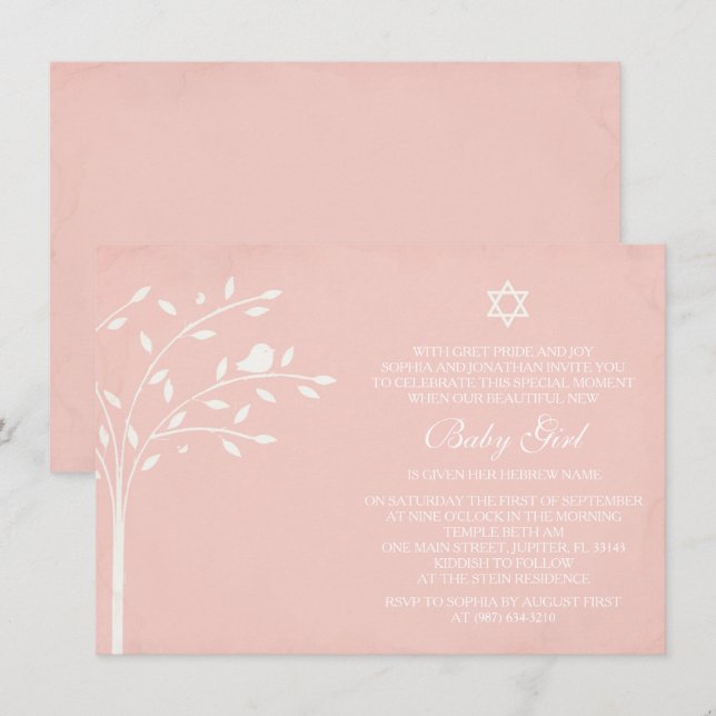 Tree of Life Baby Girl Naming Day Invite, Pink Invitation (Front/Back)