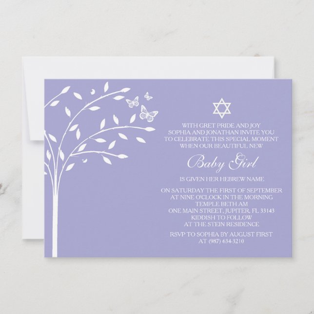 Tree of Life Baby Girl Naming Day Invite, Purple Invitation (Front)
