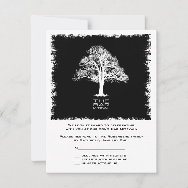 Tree of Life Bar Mitzvah Reply Card Black (Front)