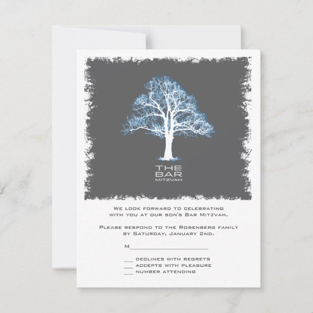 Tree of Life Bar Mitzvah Reply Card, Blue and Grey RSVP Card (Front)