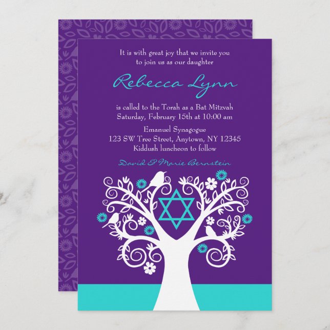 Tree of Life Birds Purple Teal Bat Mitzvah Invitation (Front/Back)