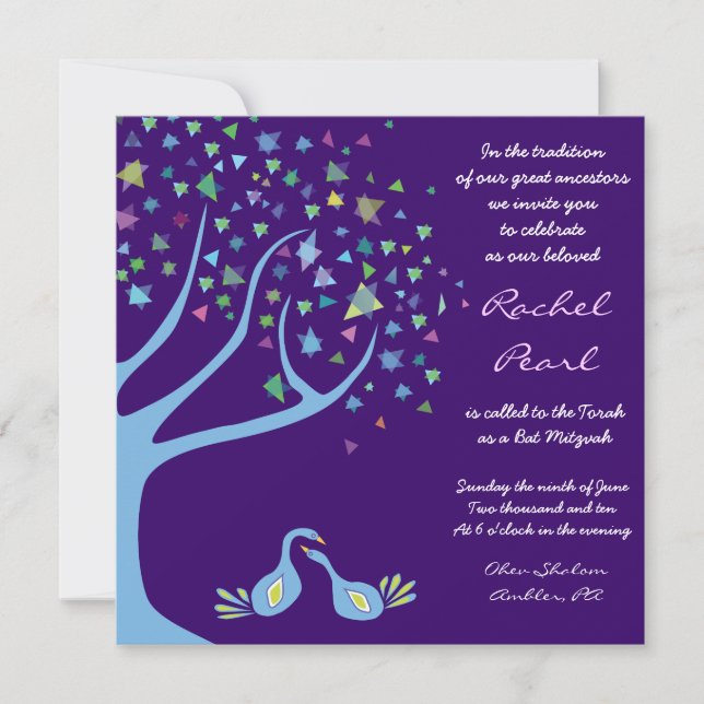 Tree of Life Birds Stars Bat Mitzvah Invitation (Front)
