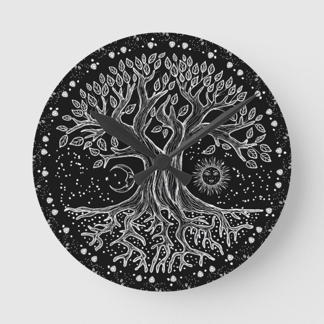 Tree of Life - black and white Round Clock (Front)